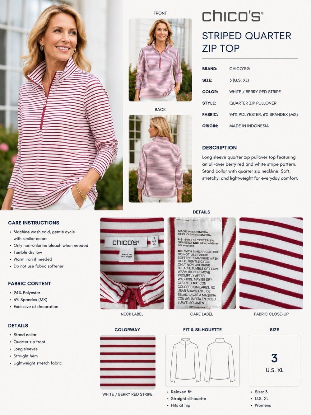 Chico's Sporty Striped Stretch Pink White 1/4 Zip Golf Shirt Top XL 3